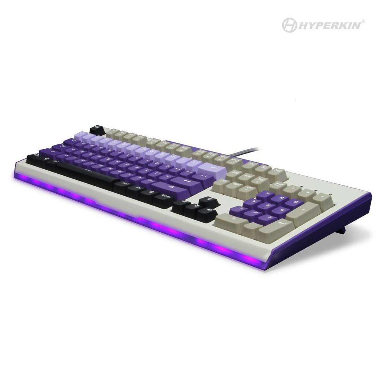 Hyperkin mechanical keyboard with white base, purple and lavender keycaps, RGB lighting, and visible Hyperkin logo in top right corner.