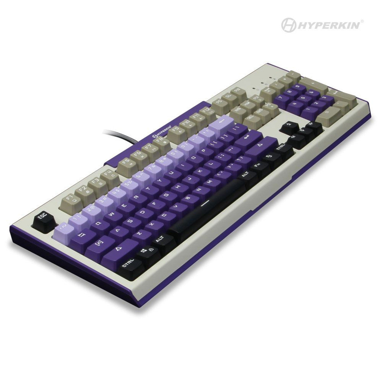 A Hyperkin Hyper Clack Tactile Mechanical Keyboard with a purple and white color scheme.