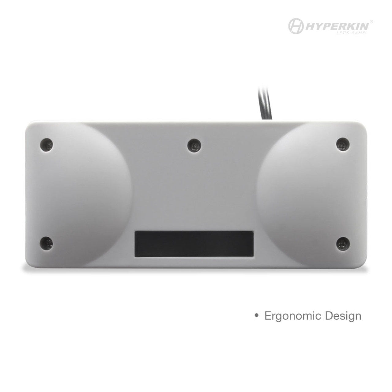 Bottom view of Hyperkin gaming accessory with ergonomic design, featuring rounded edges, circular indents, central black section, and visible cable.
