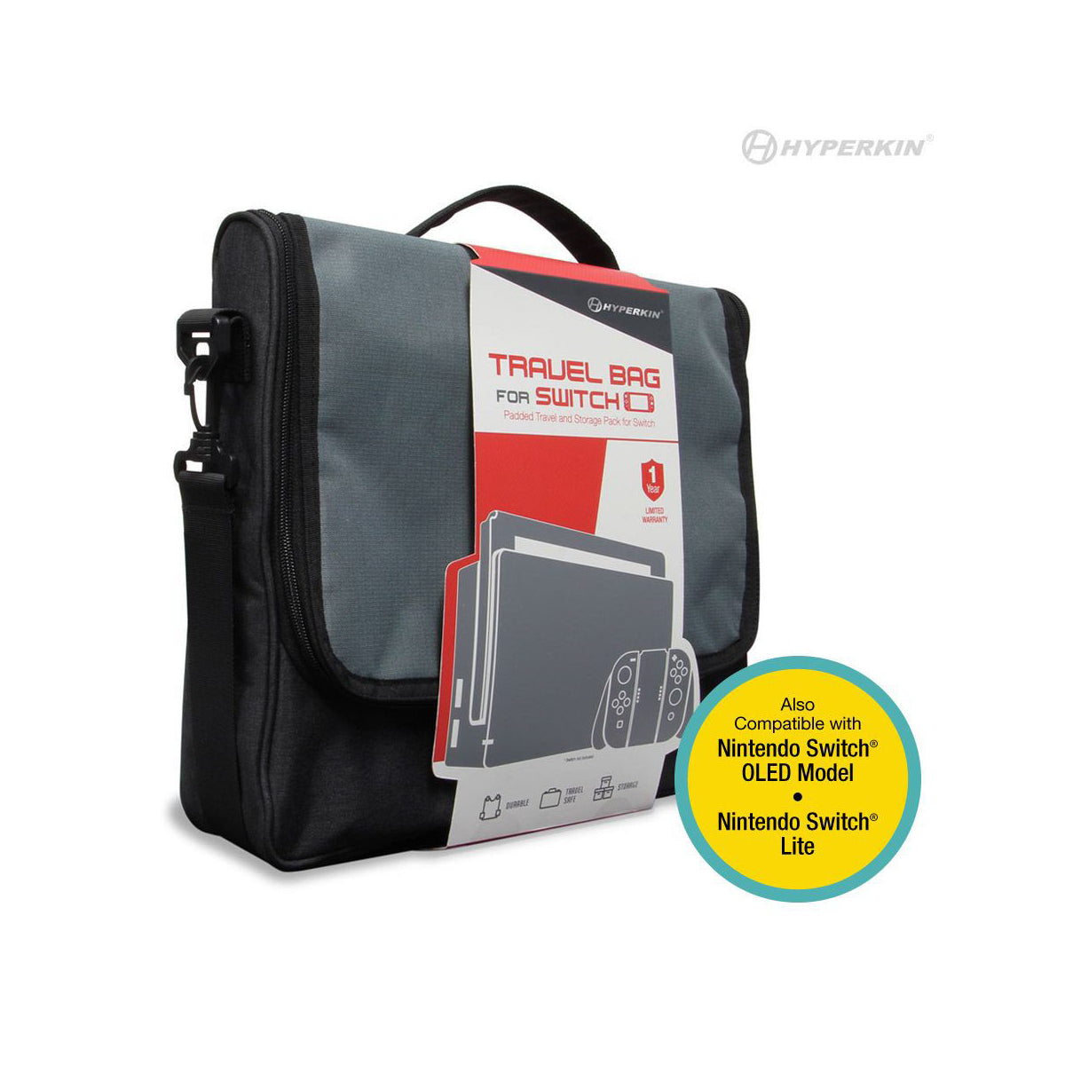 A black Hyperkin travel bag for Nintendo Switch, with a shoulder strap and a zippered compartment for the console.