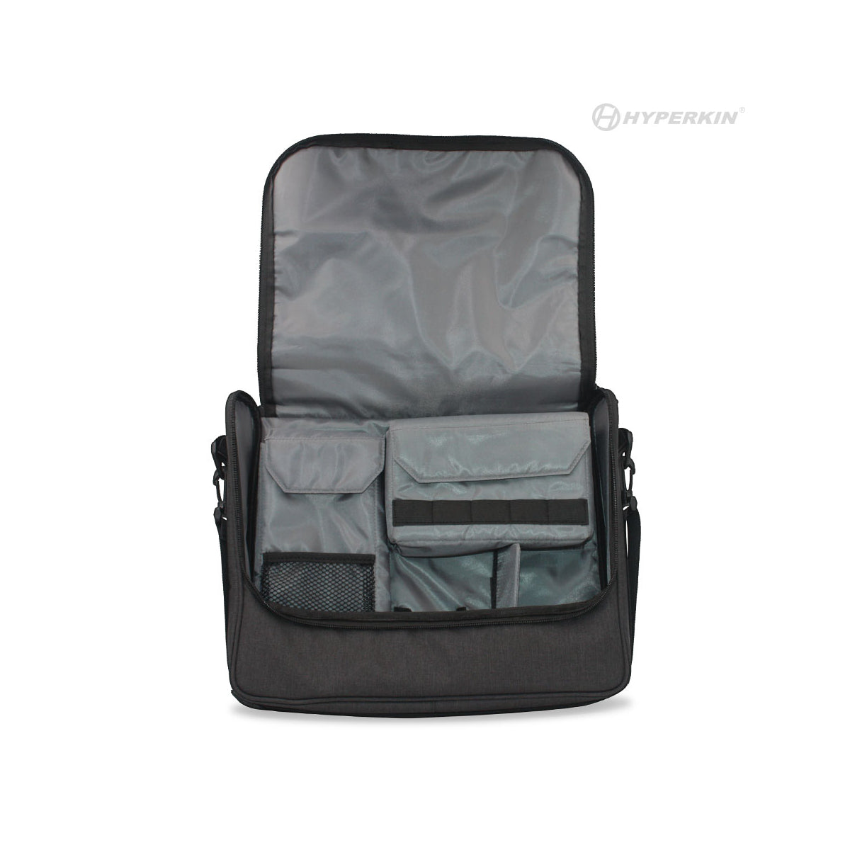 Open black and gray Hyperkin messenger bag with multiple compartments, mesh and flap pockets, and adjustable shoulder strap for organized storage.