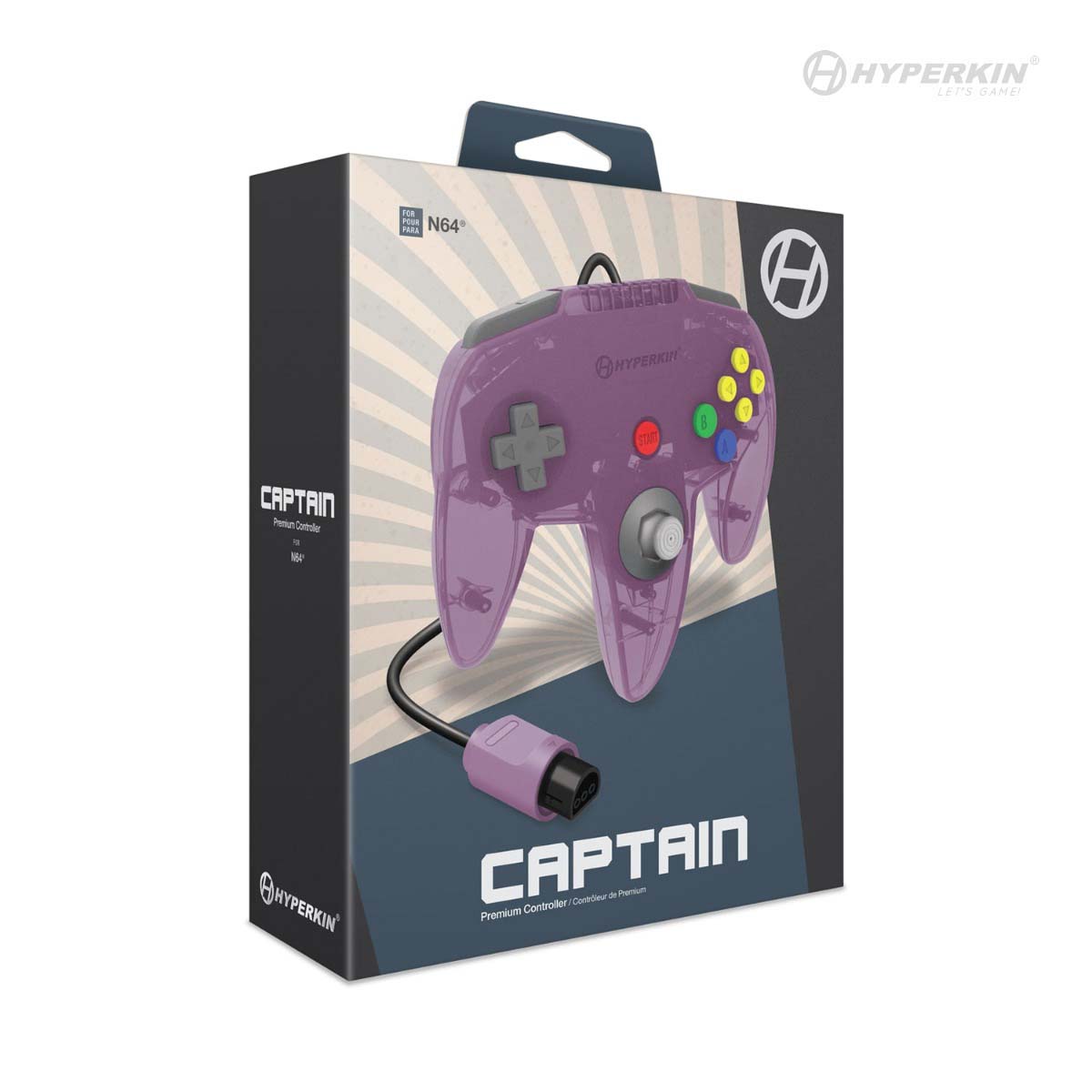 Retail packaging of the purple Hyperkin Captain Premium Controller for Nintendo 64 (N64), featuring a classic three-prong design with a D-pad, analog stick, and colorful A, B, and C buttons. The box displays the controller prominently along with Hyperkin branding, ideal for retro gaming enthusiasts and N64 console users.