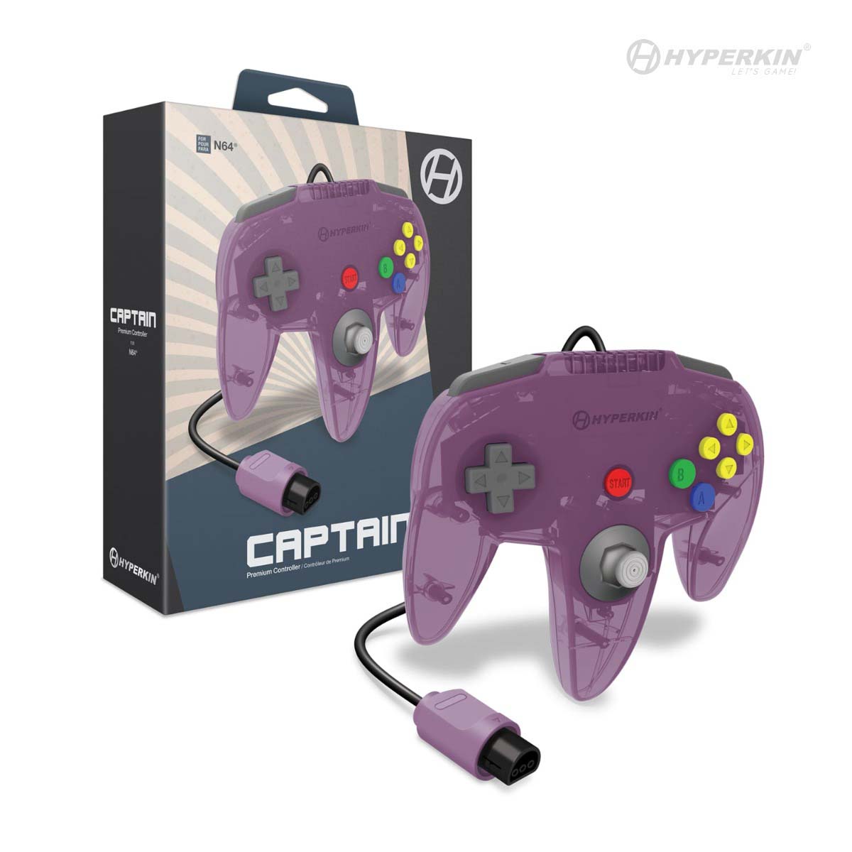 A premium amethyst purple Hyperkin Captain controller for N64, showing the front view with buttons and joysticks, along with the packaging box.