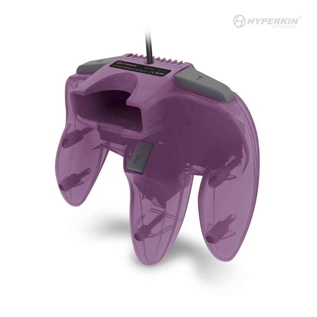 Purple Hyperkin wired controller for Nintendo 64 (N64), featuring a sleek retro design with gray buttons and a classic three-prong layout. The cord extends from the top, and the Hyperkin logo is visible in the corner, highlighting its compatibility with original N64 consoles and retro gaming setups.