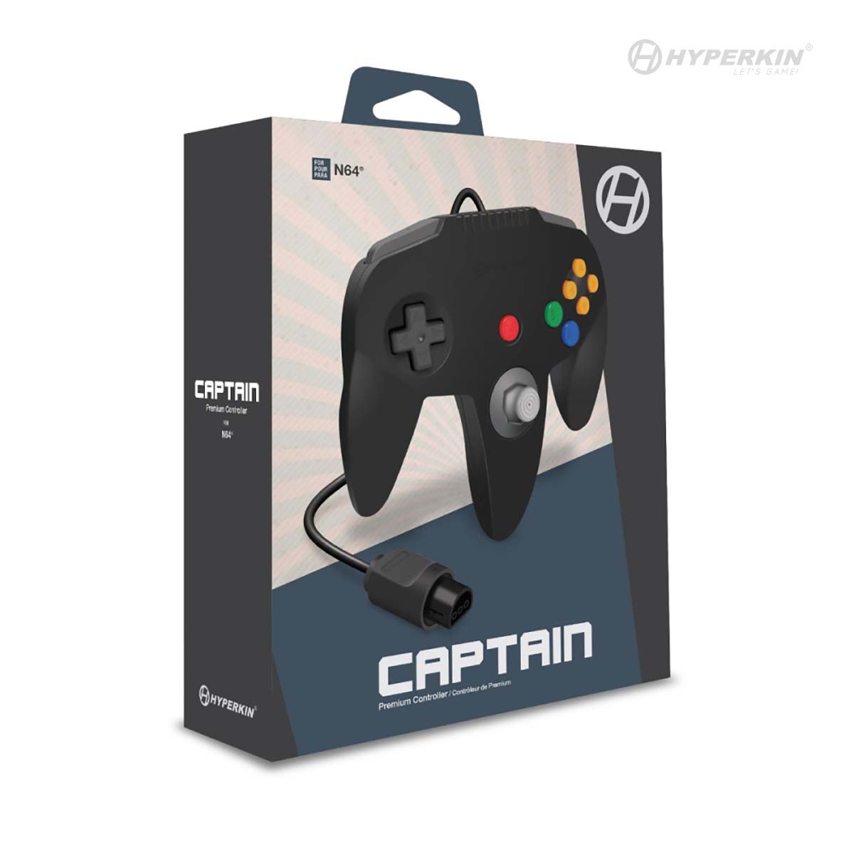 Retail packaging of the Hyperkin Captain Premium Controller for Nintendo 64 (N64), showcasing a black wired controller with a classic three-prong design, D-pad, analog stick, and colorful action buttons. The box features Hyperkin branding and highlights compatibility with original N64 consoles.