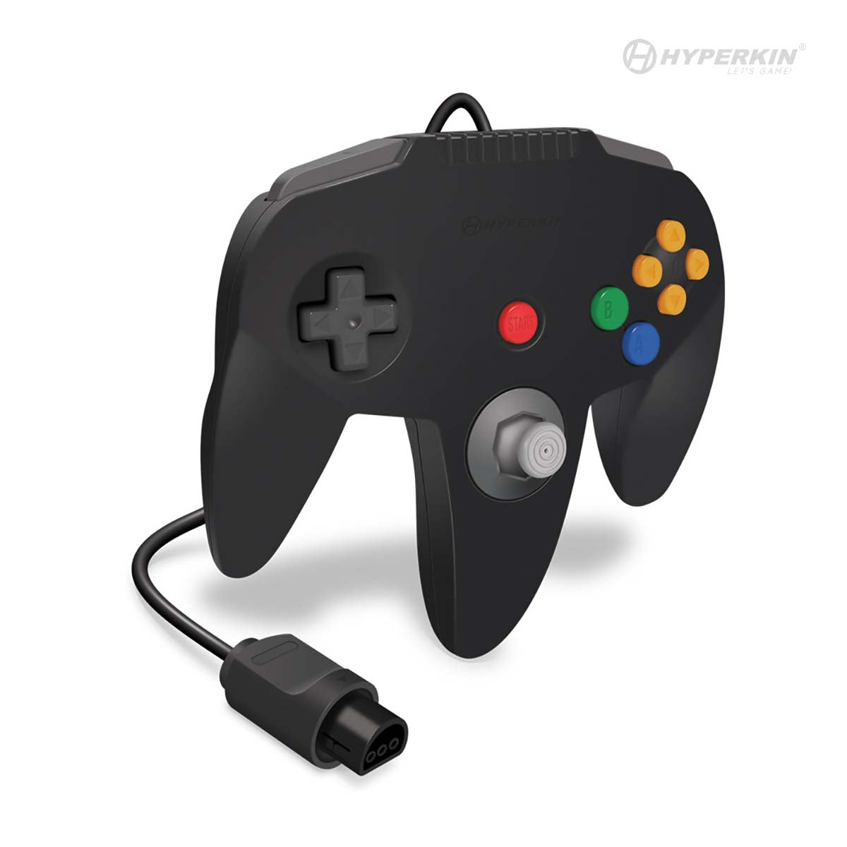 A black Hyperkin Captain Controller for N64 with a wired connection and a gamecube-style stick.