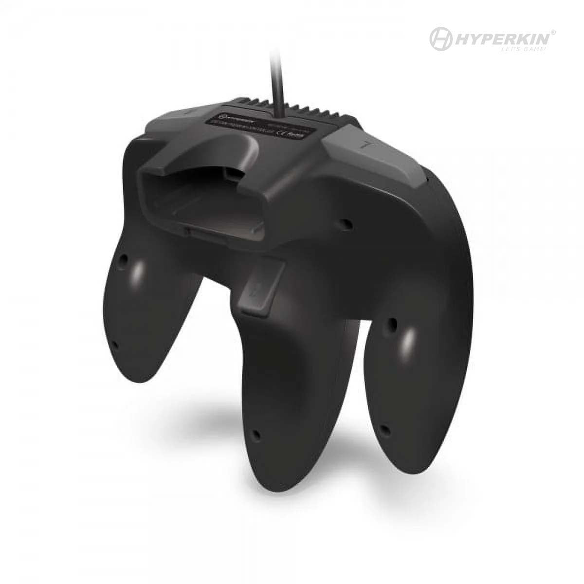 Back view of a black Hyperkin wired gaming controller designed for Nintendo 64 (N64), featuring an ergonomic three-handle layout and responsive button configuration. Ideal for retro gaming setups, this sleek and durable controller offers modern comfort with classic N64 compatibility.