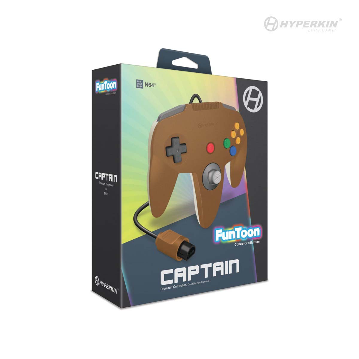 Packaging of the Hyperkin FunToon Captain Premium Controller for Nintendo 64 (N64), featuring a brown retro-style controller with analog stick, D-pad, and colorful A, B, C buttons. The box includes a vibrant rainbow gradient background, Hyperkin branding, and labels for the FunToon Collector's Edition and RetroN compatibility.