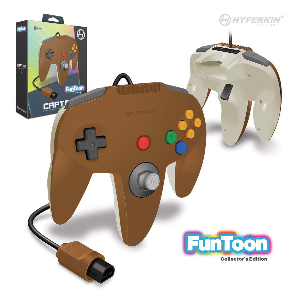 A premium Captain gaming controller by Hyperkin in a Hero Brown color, featuring a 10-foot cable and an extension port on the back. The product is displayed with its packaging and a secondary beige controller in the background.