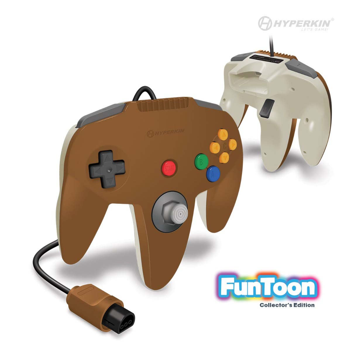 A gold Hyperkin Captain Controller for N64 with a wired connection and a gamecube-style stick.