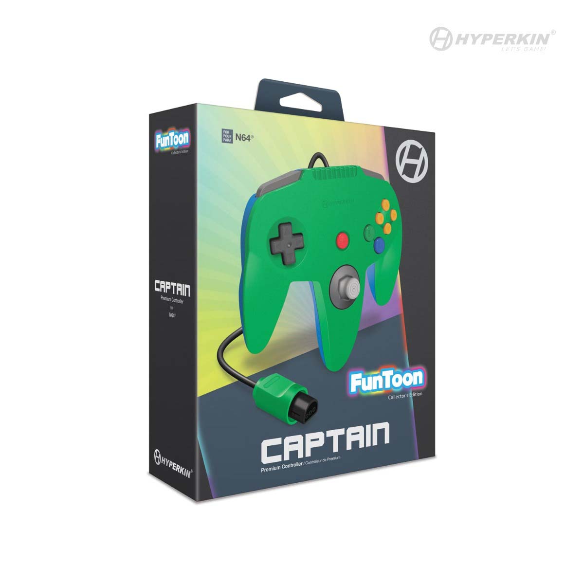 Packaging of the green Hyperkin FunToon Captain Premium Controller for Nintendo 64 (N64), featuring a retro three-prong design with analog stick, directional pad, and colorful A, B, C buttons. The box includes a vibrant rainbow gradient background, Hyperkin branding, and labels for the FunToon Collector's Series.