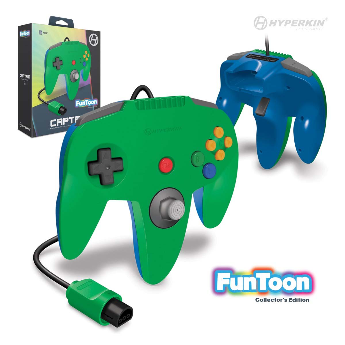 Hyperkin FunToon Collector's Edition wired controller for Nintendo 64 (N64), featuring a vibrant green and blue design with analog stick, D-pad, and colorful A, B, C buttons. Displayed alongside its retail packaging, this retro-style gamepad offers classic N64 compatibility and bold collector appeal.
