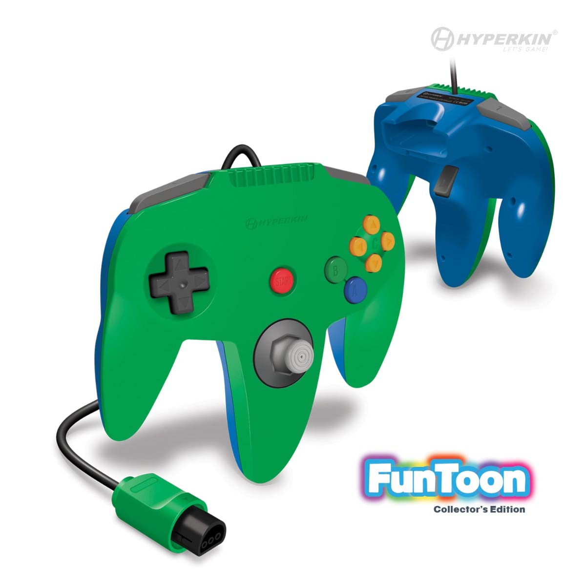 A Green & Blue Hyperkin Captain Controller for N64 with a wired connection and a gamecube-style stick.