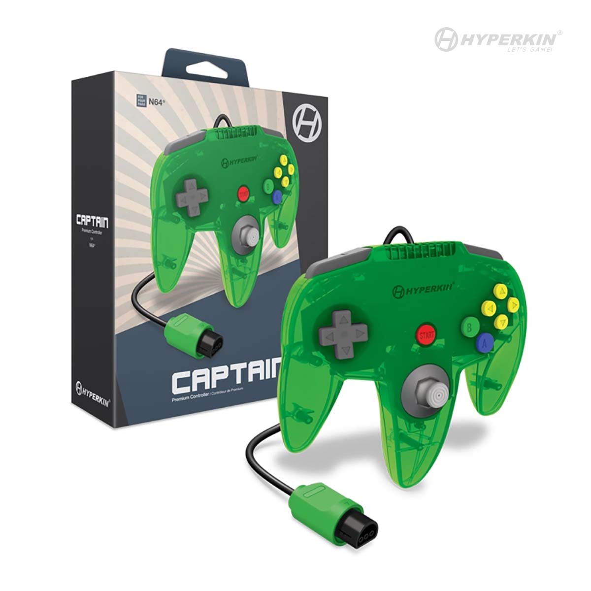 A lime green Hyperkin Captain premium controller for N64 with a 10 ft. cable, featuring mash-able button strength and an extension port on the back.