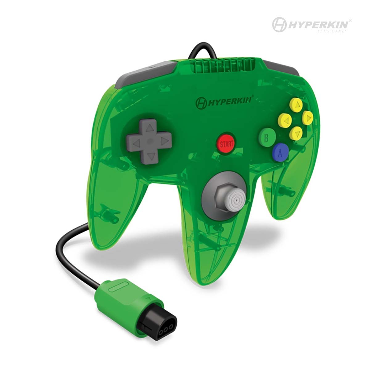 A green Hyperkin Captain Controller for N64 with a wired connection and a gamecube-style stick.