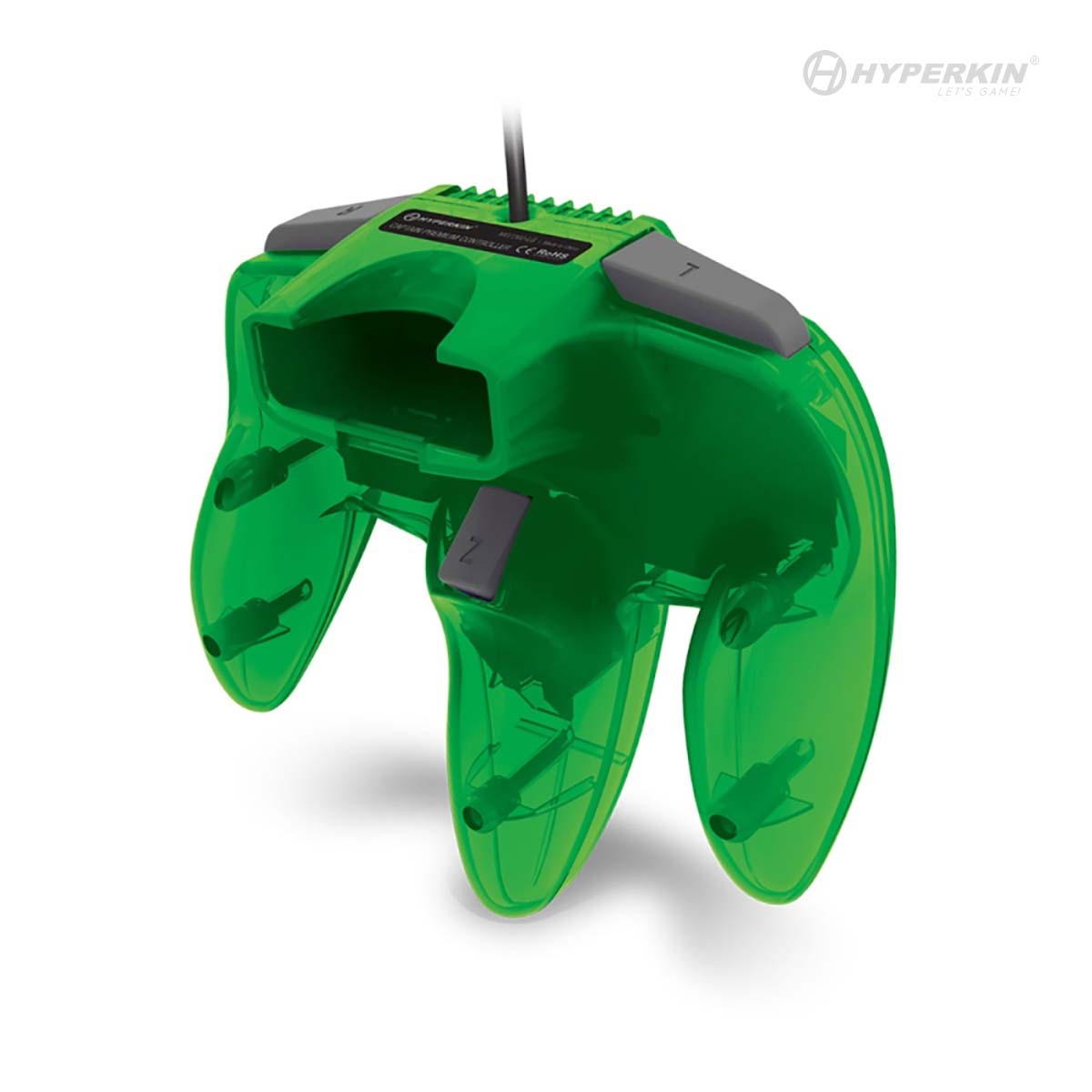 Green translucent Hyperkin wired controller for Nintendo 64 (N64), featuring a retro three-prong design with gray Z and T buttons. The controller includes a top-mounted cord and is displayed against a white background with the Hyperkin logo visible, ideal for classic N64 gaming setups.