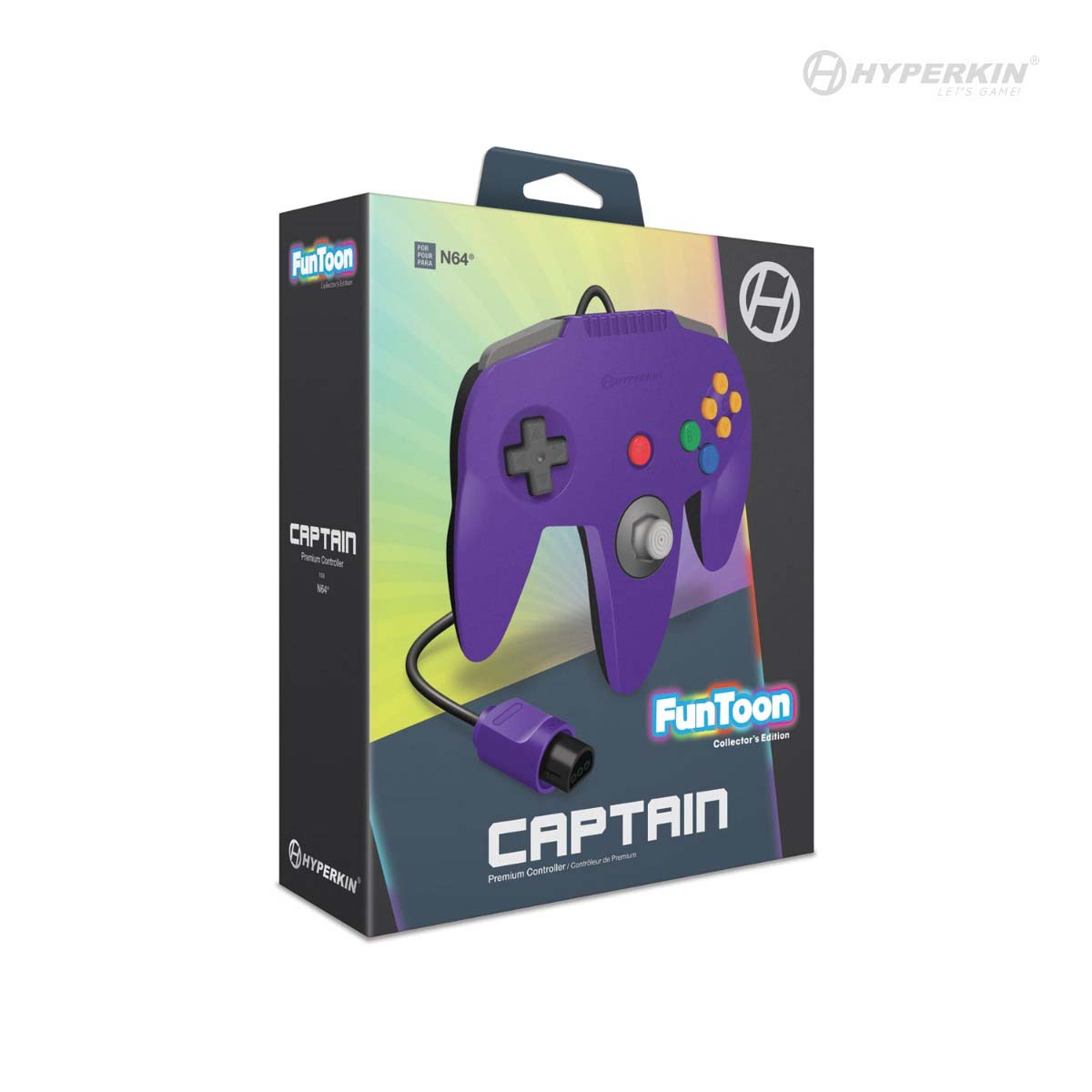 Hyperkin FunToon Captain Premium Controller for N64 Collector's Edition, purple color, displayed in original packaging with joystick and colorful buttons. Keywords: Hyperkin, FunToon, Captain, Premium Controller, N64, Collector's Edition.