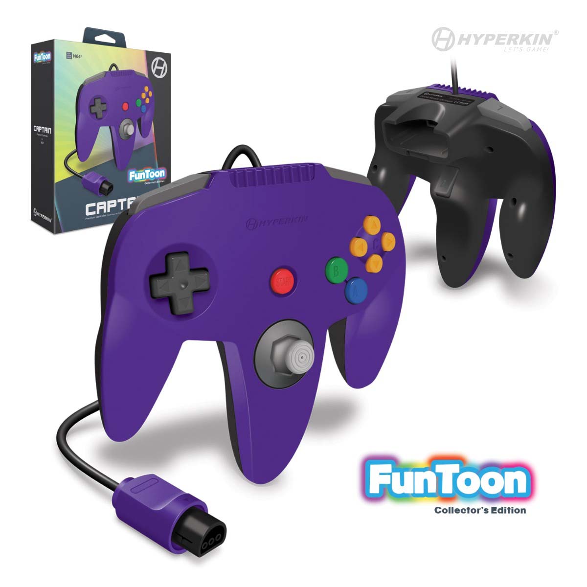 A purple Hyperkin Captain premium controller with a 10 ft. cable and an extension port, designed for N64 console.
