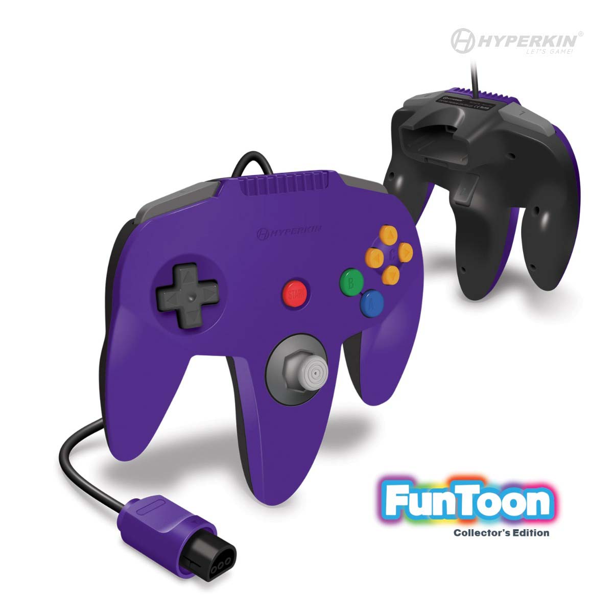 A purple Hyperkin Captain Controller for N64 with a wired connection and a gamecube-style stick.