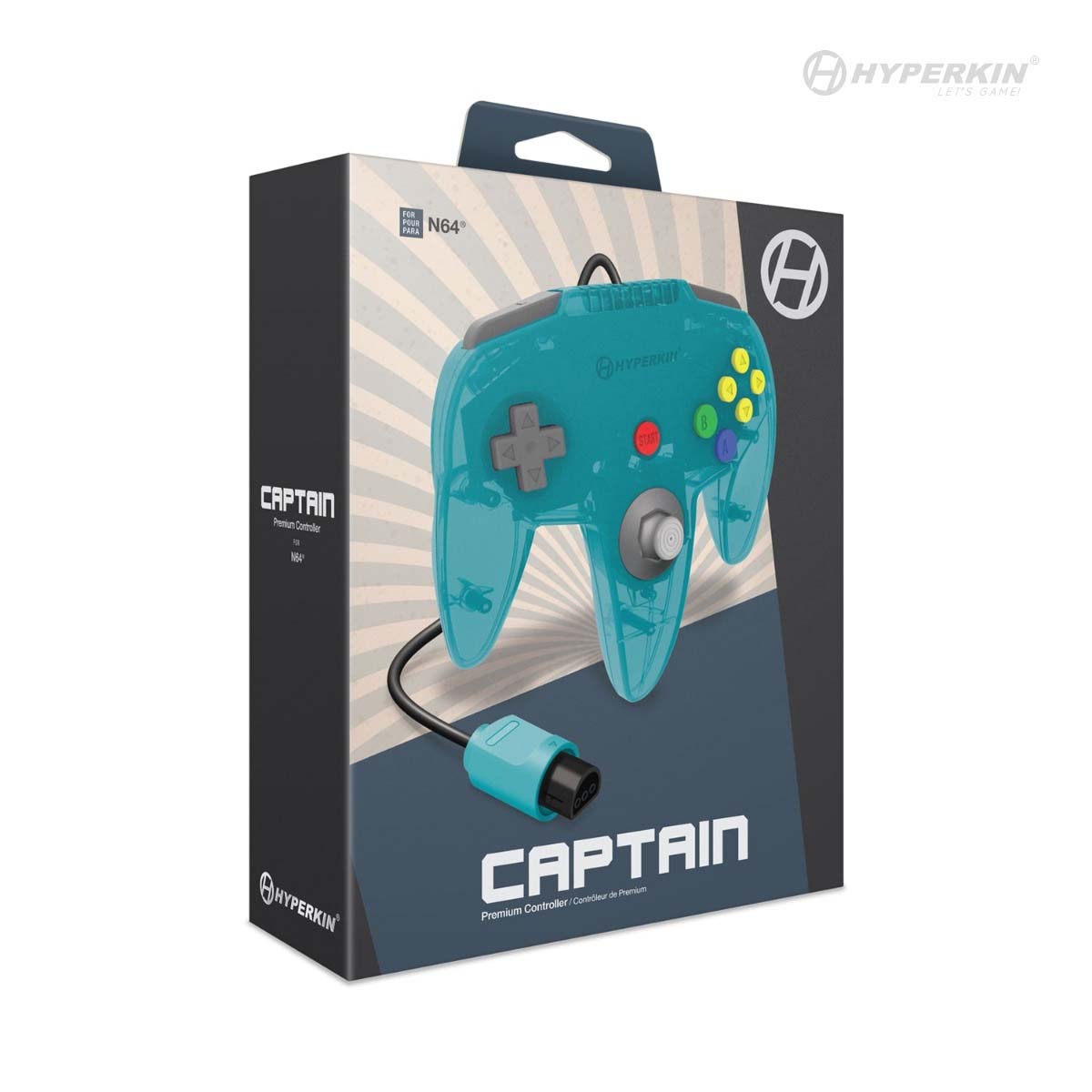 Teal Hyperkin Captain Premium Controller for Nintendo 64 (N64), displayed in retail packaging. The controller features a classic three-prong design with a D-pad, joystick, and colorful A, B, and C buttons. Hyperkin branding is visible on the box, highlighting its retro style and N64 compatibility.