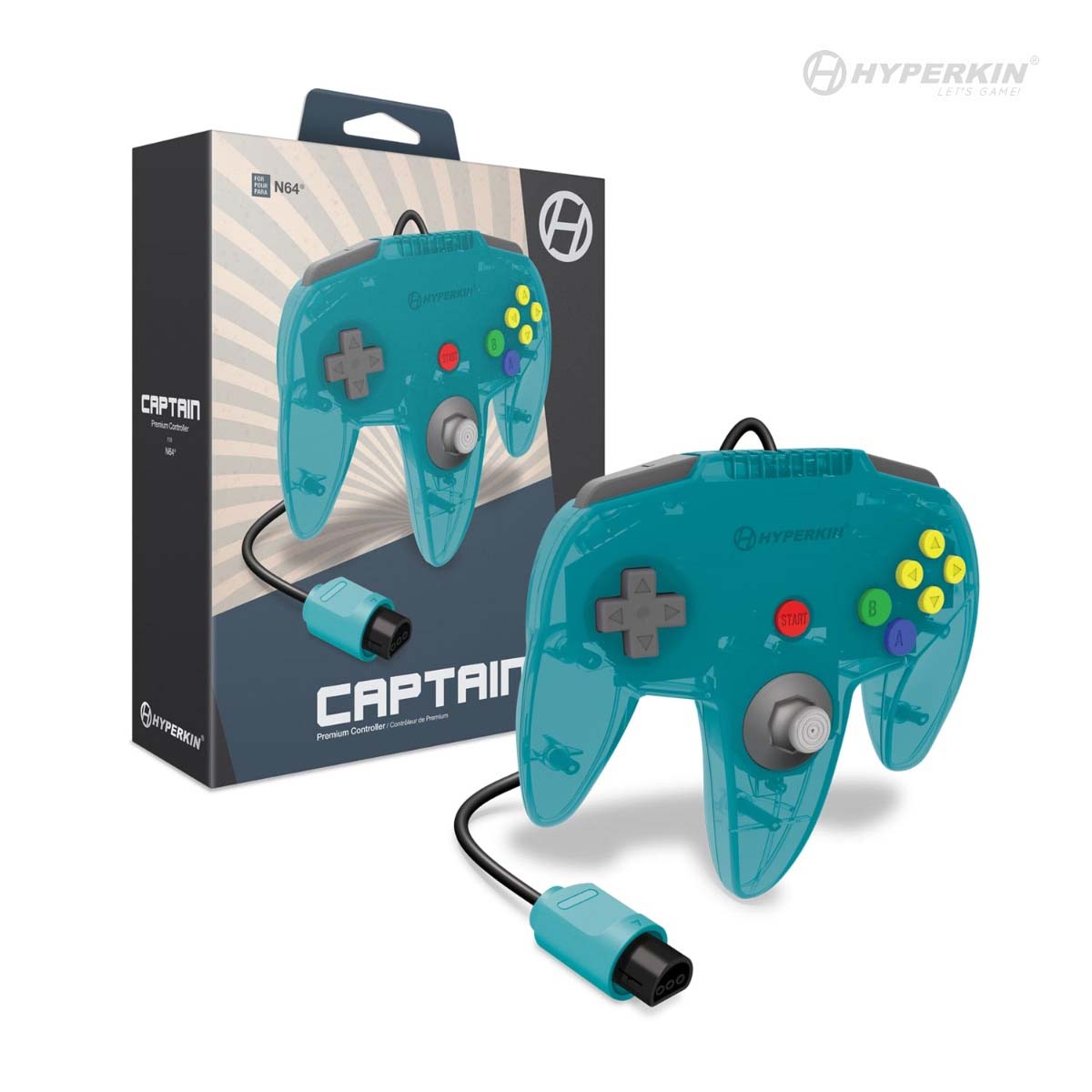 Hyperkin Captain Premium Controller for Nintendo 64 (N64) in translucent turquoise, featuring a classic three-prong design with analog stick, D-pad, and colorful A, B, and C buttons. The retail packaging is shown in the background, highlighting Hyperkin branding and retro gaming compatibility.