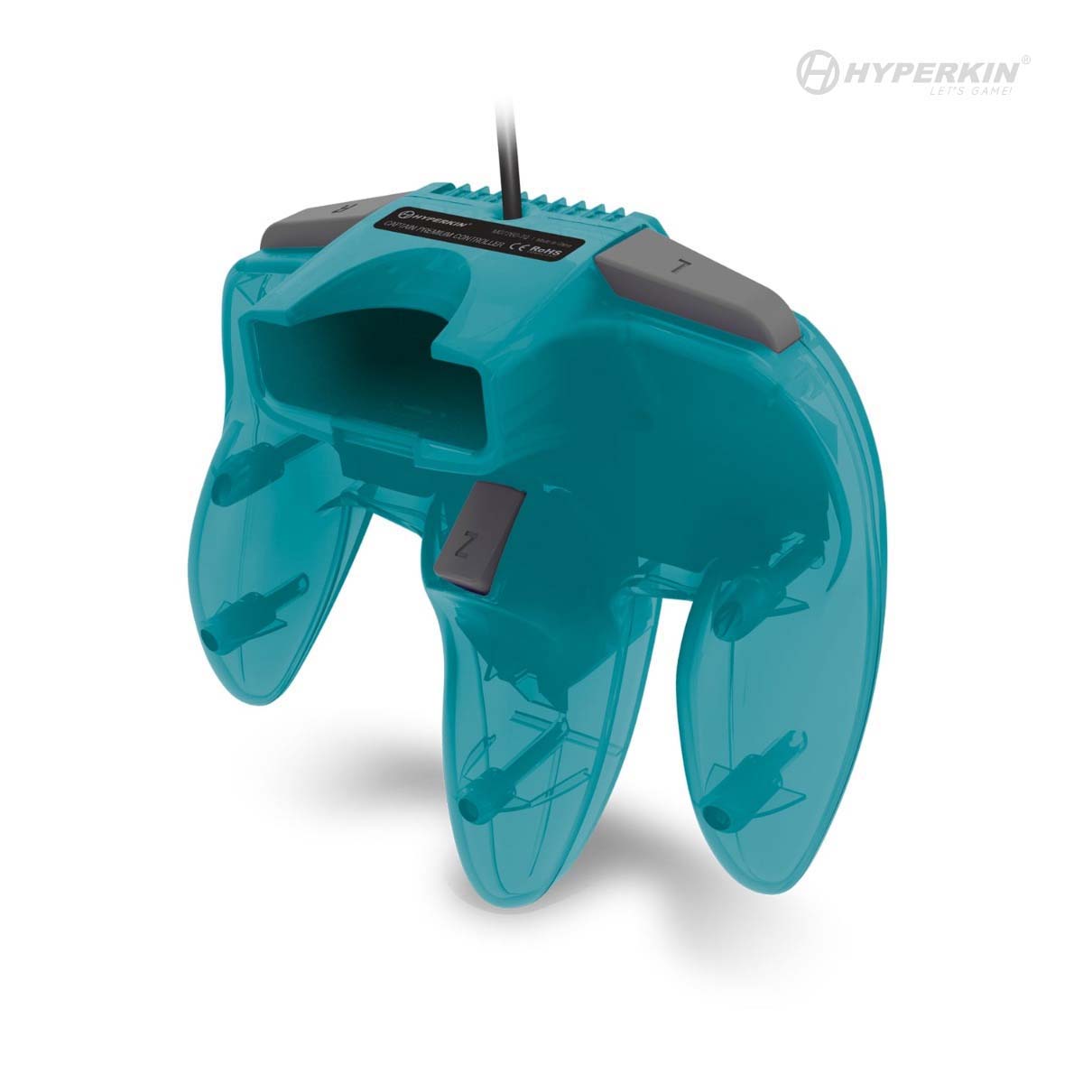 Turquoise transparent Hyperkin wired controller for Nintendo 64 (N64), featuring a retro three-prong design with gray Z and 7 buttons. The clear casing reveals internal components, and a black cable extends from the top. Hyperkin branding and "Let's Game" slogan are visible, ideal for classic N64 gaming setups.