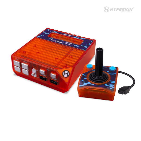 A retro-style video game console with a joystick controller, featuring wood paneling and a black color scheme, with the Hyperkin logo visible.