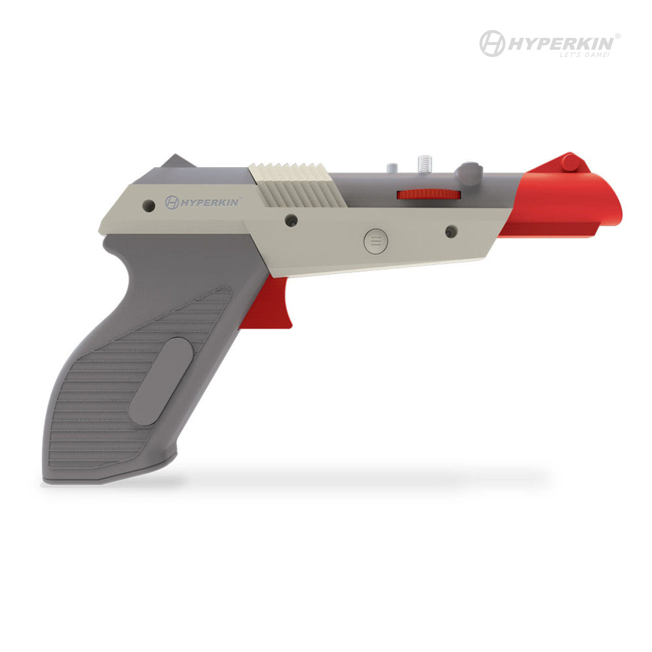 A toy gun-shaped device with a mechanical trigger, grip buttons, and a touchpad, primarily gray and red, branded as Hyper Blaster.