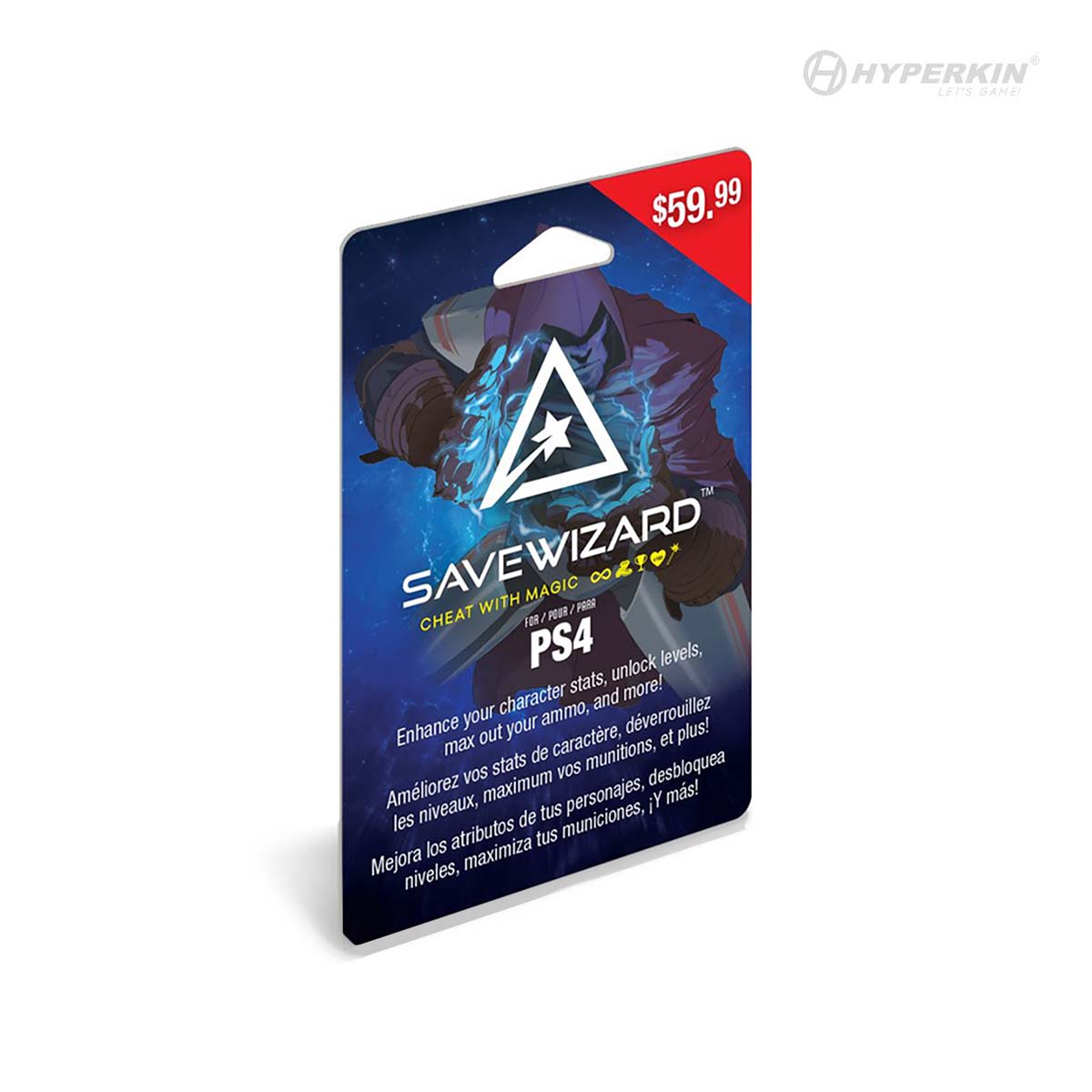 Save Wizard PS4 Cheat card priced at $59.99, featuring warrior artwork and multilingual text promoting stat boosts, level unlocks, and ammo maximization.