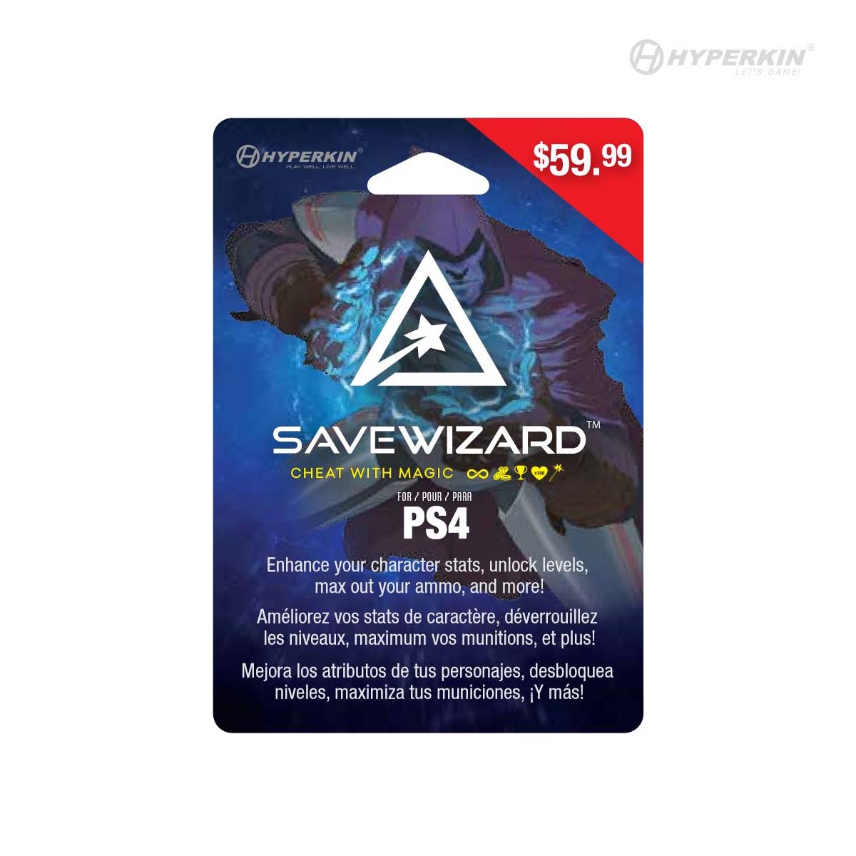 Save Wizard PS4 Cheat Card priced at $59.99, offering game enhancements like stat boosts, level unlocks, and max ammo in English, French, and Spanish.