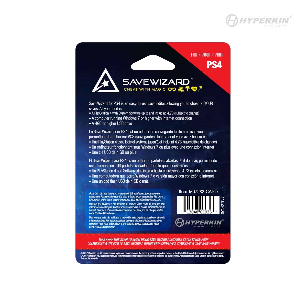 Back of Save Wizard for PS4 packaging showing product features, system requirements, and multilingual instructions; includes barcode and item number M07283-CARD.