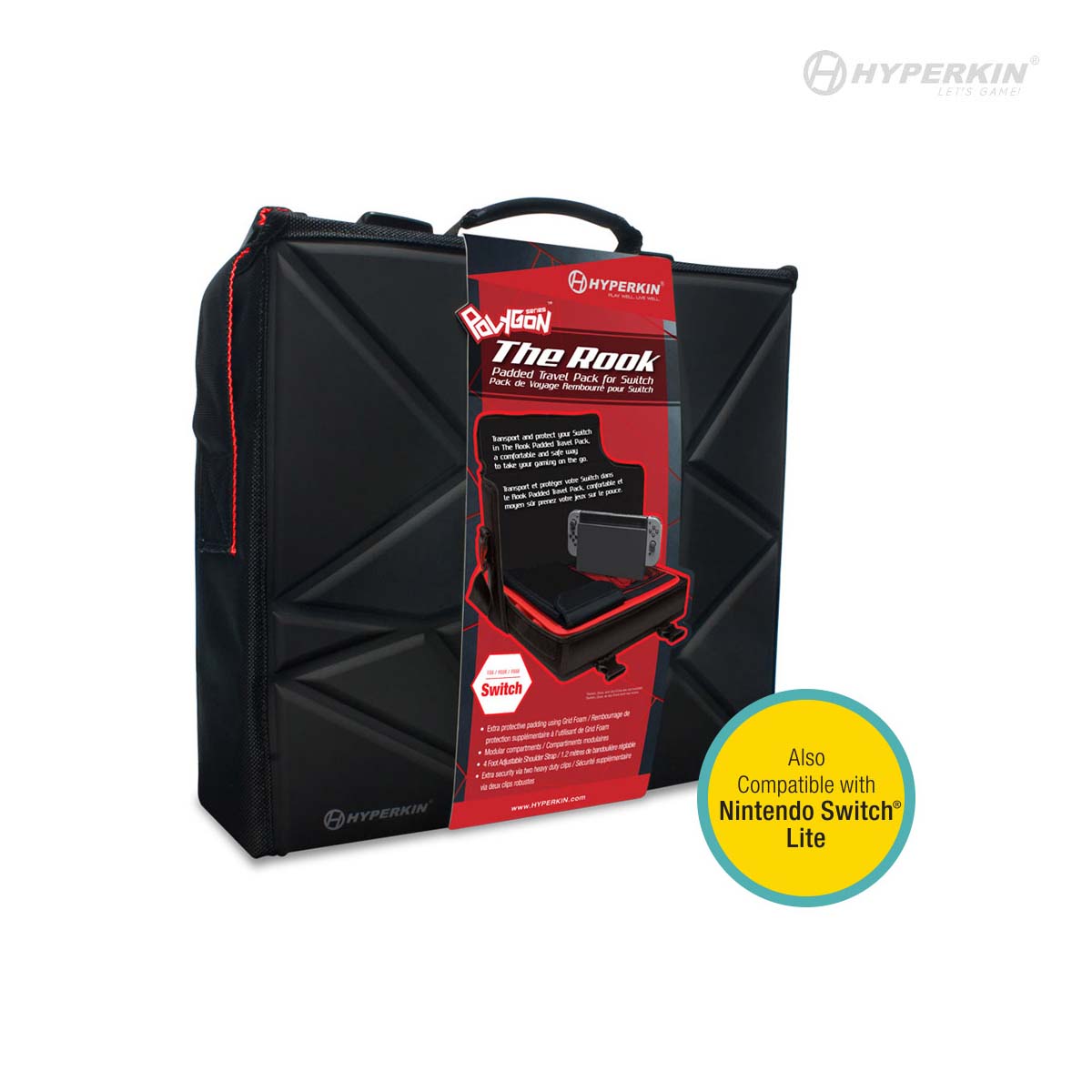 Hyperkin Polygon The Rook black travel bag for Nintendo Switch and Switch Lite, featuring red accents, geometric design, and product label with feature highlights.