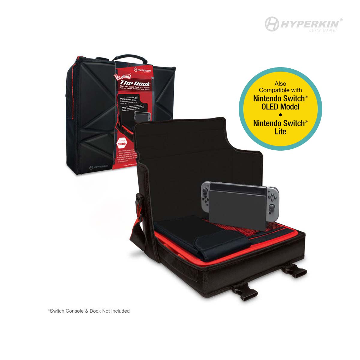 Hyperkin The Rook travel bag for Nintendo Switch, black with red accents, shown open with console inside; compatible with Switch OLED and Lite models.