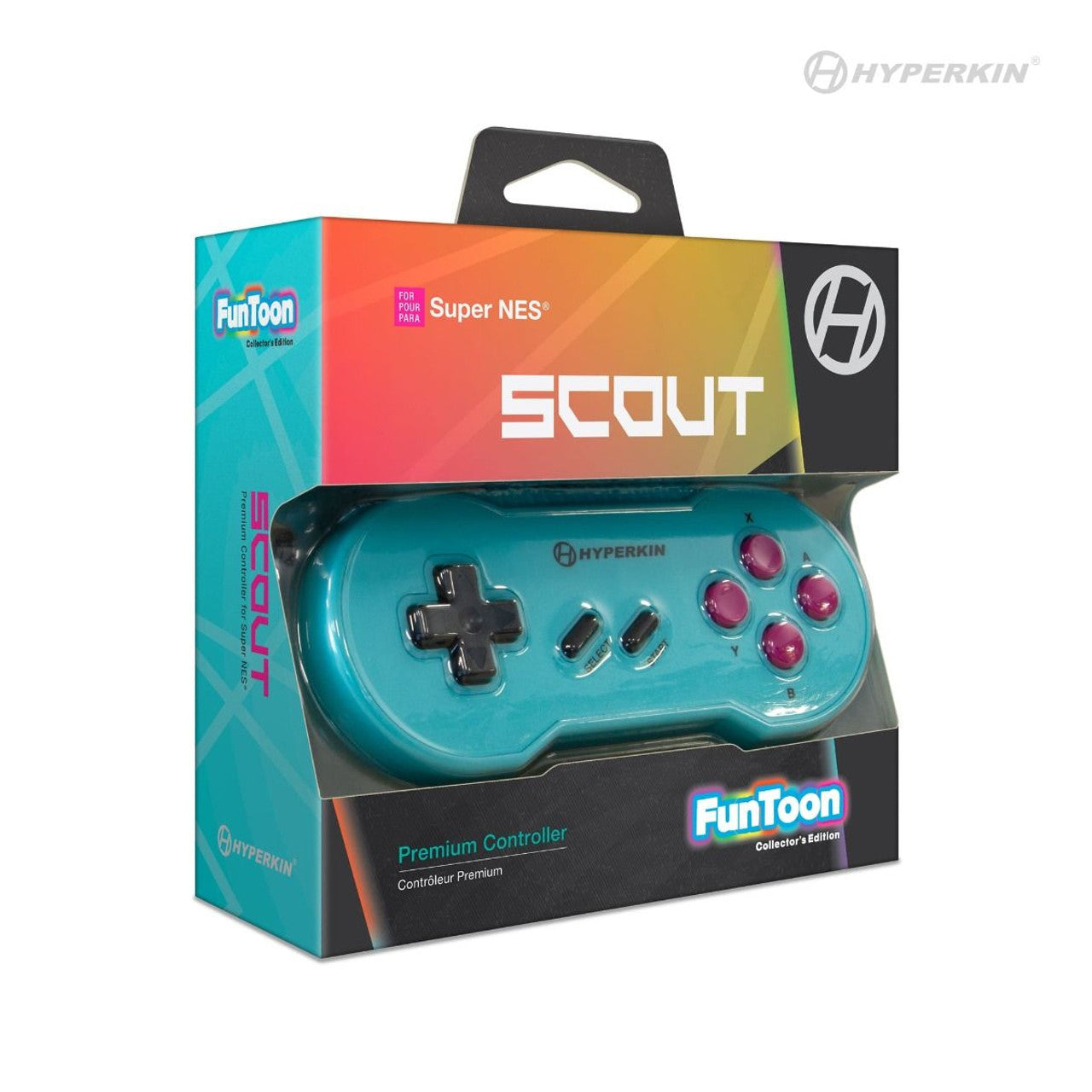 Turquoise Hyperkin Scout Premium Controller for Super NES with magenta buttons in colorful FunToon Collector's Edition packaging.