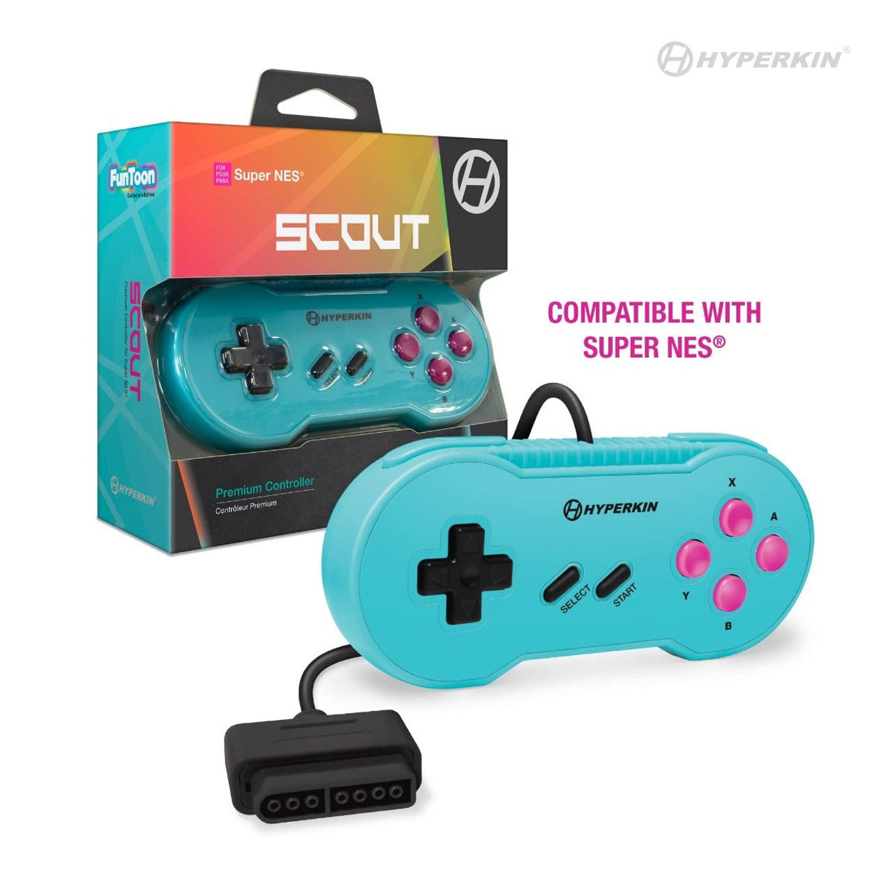 A Hyperkin Scout Premium Controller for Super NES with a 10 ft. cable, in a Hyper Beach color with pink accents, displayed next to its packaging.
