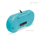 Back view of blue Hyperkin game controller with ergonomic design and top cable.