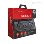 Black Hyperkin Scout Premium Controller for Super NES in red and black packaging with purple buttons and ergonomic design.