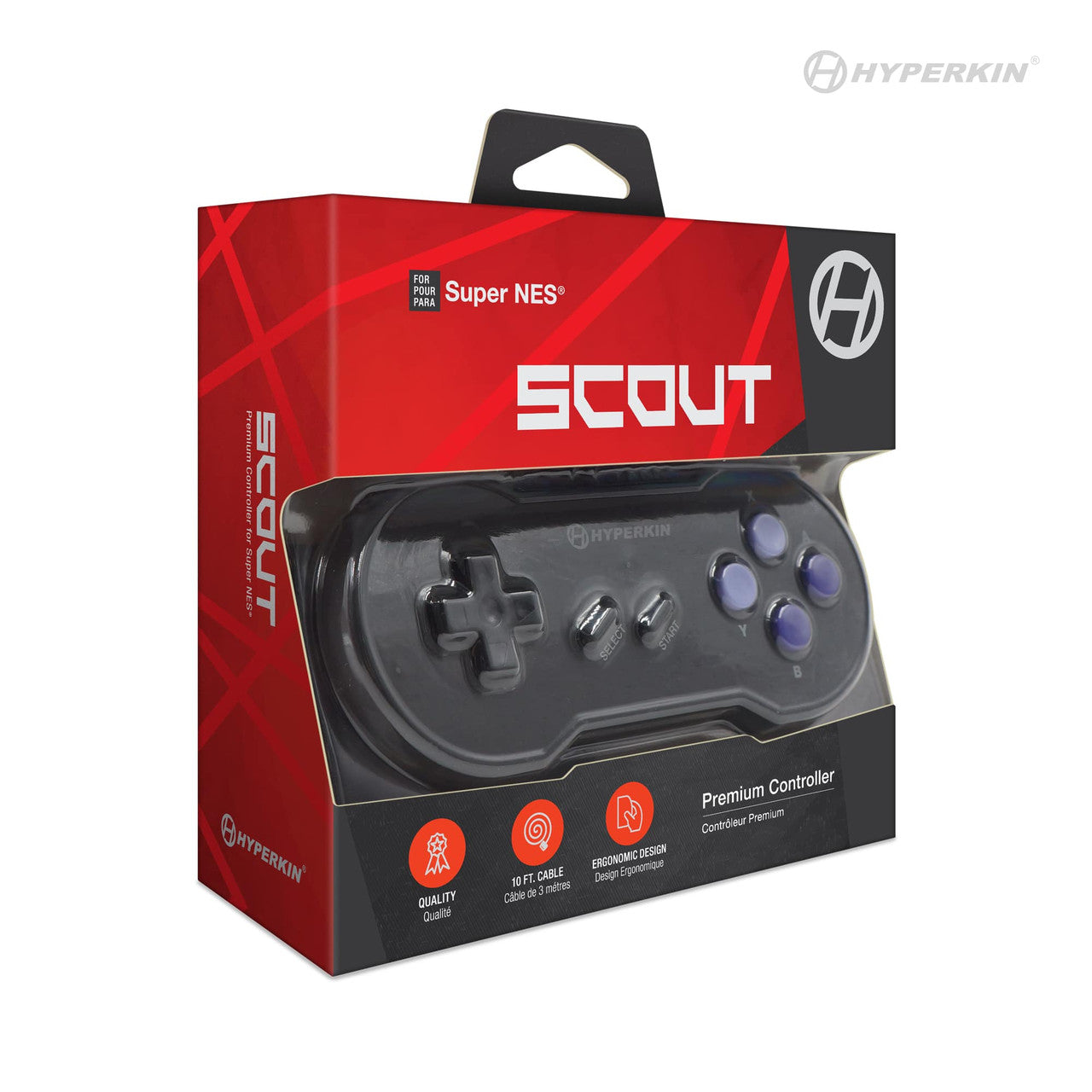 Black Hyperkin Scout Premium Controller for Super NES in red and black packaging with purple buttons and ergonomic design.