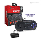 A black Hyperkin Scout premium controller for Super NES with a 10 ft. cable, displayed next to its packaging box.