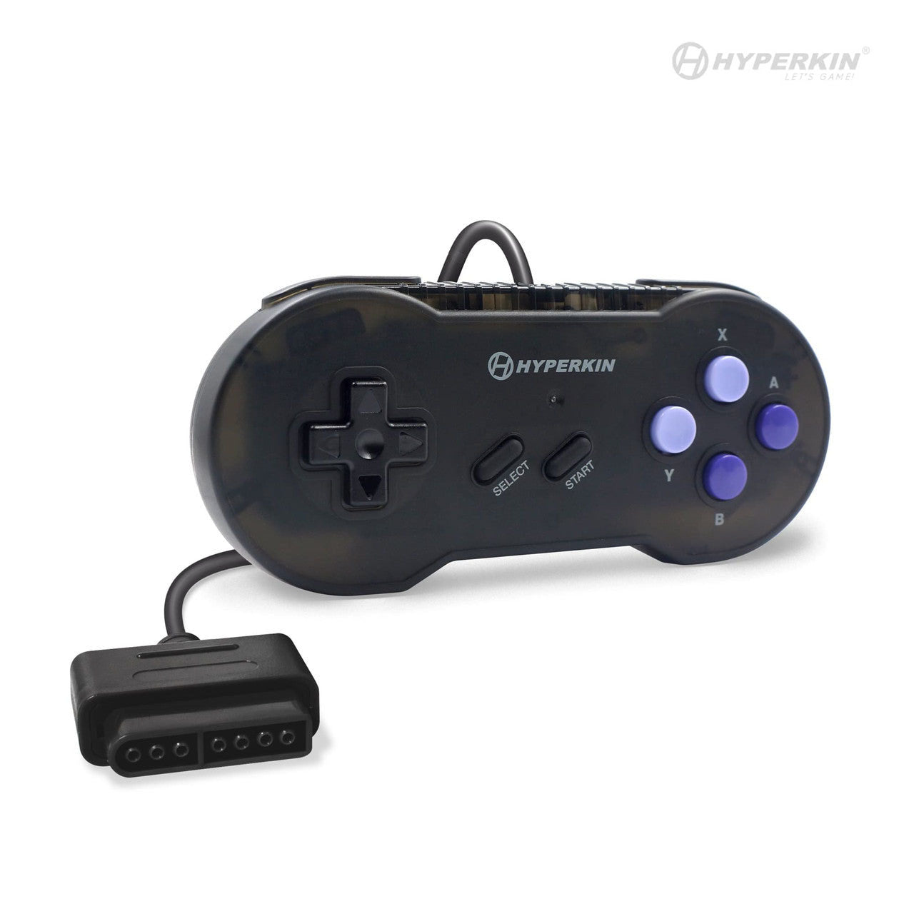 A gray and purple Hyperkin Scout game controller for the Super NES, with a 9-pin connector cable.