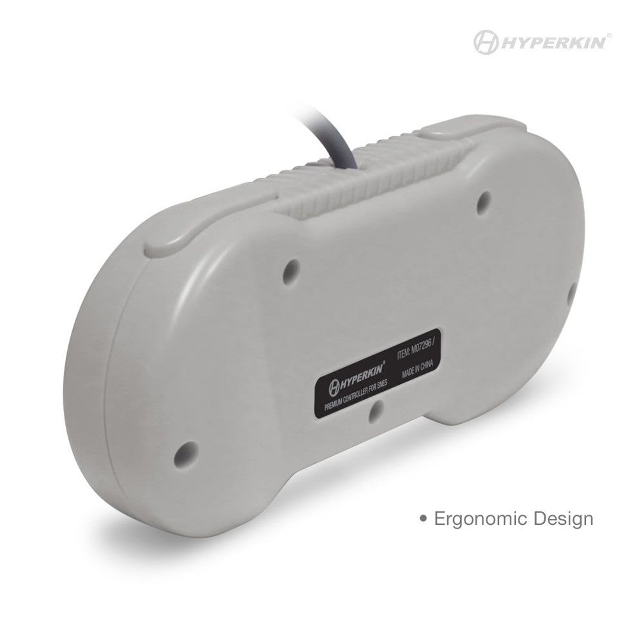 The image shows the back view of a Hyperkin Premium Controller for SNES. The controller is gray with a black label in the center that reads 'Hyperkin ITEM: M07286-P PREMIUM CONTROLLER FOR SNES MADE IN CHINA.' There are four screw holes visible on the back, and a cable protrudes from the top center. The text 'Ergonomic Design' is written in small font at the bottom right corner of the image.