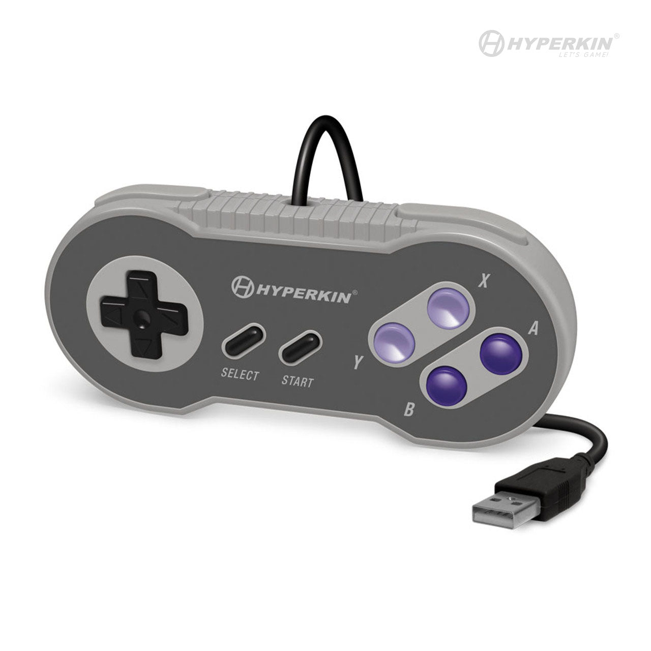 Hyperkin USB game controller with classic Super Nintendo design, featuring gray body, black D-pad, SELECT and START buttons, purple X/A/Y/B buttons, and attached USB cable for connectivity.