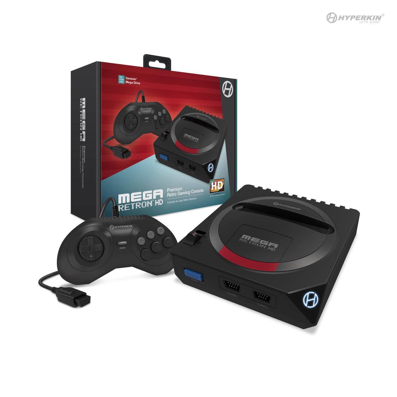 Retro-style gaming console, the Hyperkin MegaRetroN HD, with a black and red color scheme, alongside a classic-style controller and packaging.