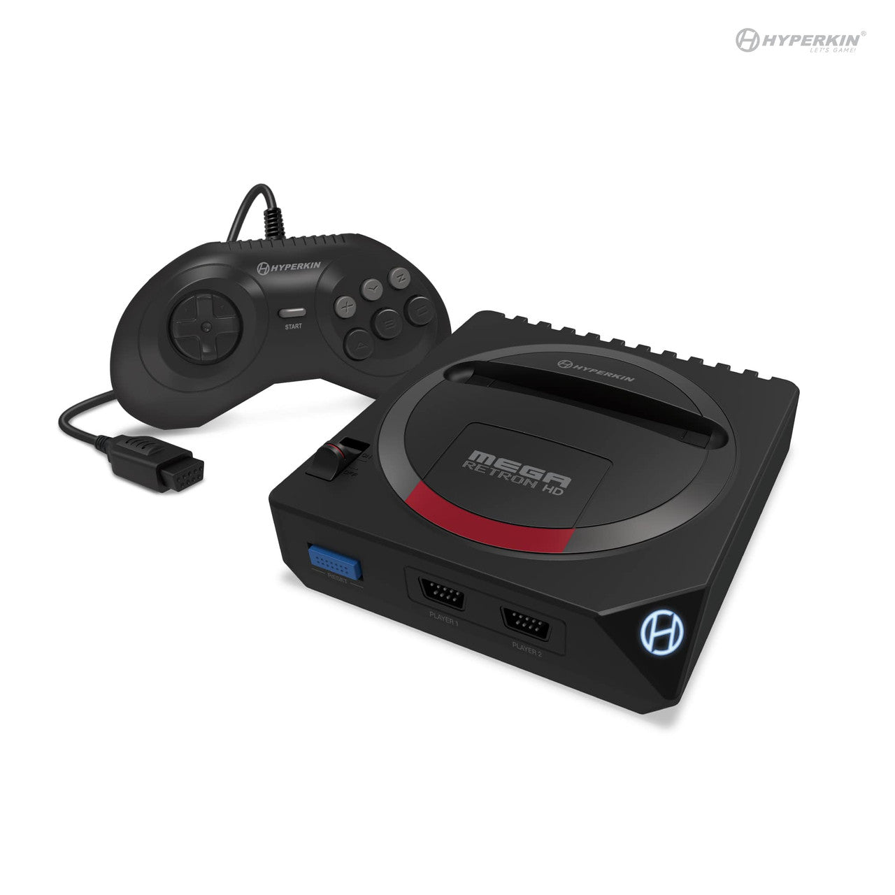 Hyperkin Mega RetroN HD gaming console and controller in black with red accents, featuring HDMI port, dual controller inputs, and six-button layout; displayed on white background with Hyperkin branding.