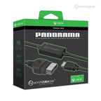 Packaging of Hyperkin Panorama HD Cable for Original Xbox, featuring black and green design with cable images, 7ft length, HDMI compatibility, up to 1080p resolution, and Hyperkin branding with 'Play Well. Live Well.' slogan.