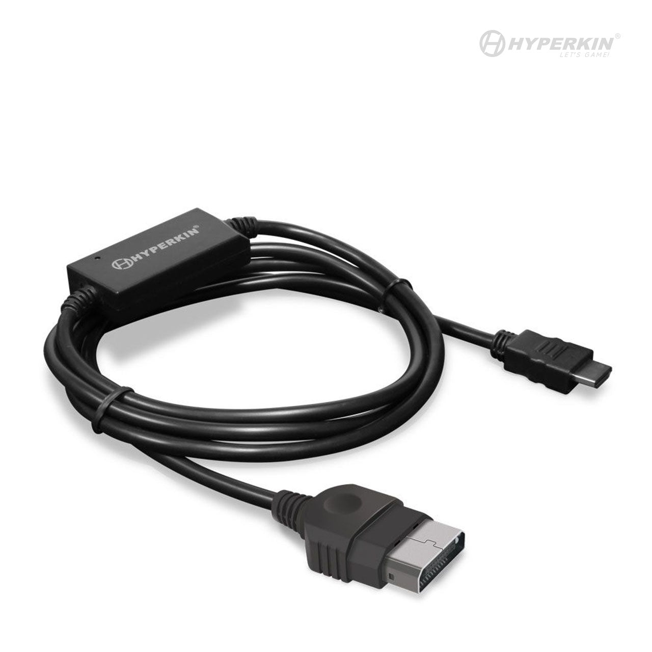 Hyperkin HDMI cable for gaming consoles, featuring black rectangular adapter box with connectors at both ends, neatly coiled with visible Hyperkin branding.
