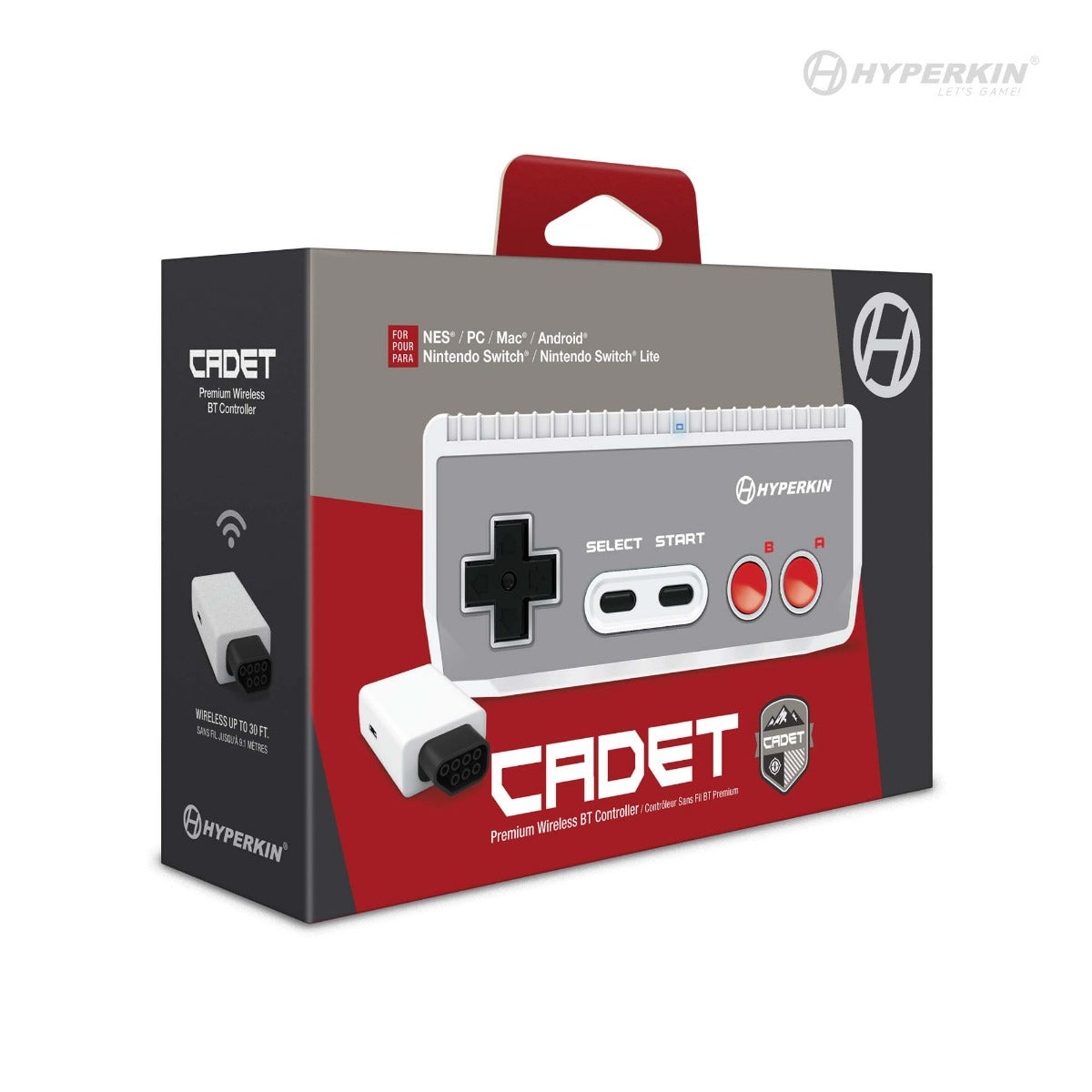 Packaging of Hyperkin Cadet Premium Wireless Bluetooth Controller with retro design, featuring D-pad, red A and B buttons, Select and Start buttons; compatible with NES, PC, Mac, Android, Nintendo Switch, and Switch Lite; includes wireless adapter and Hyperkin branding.