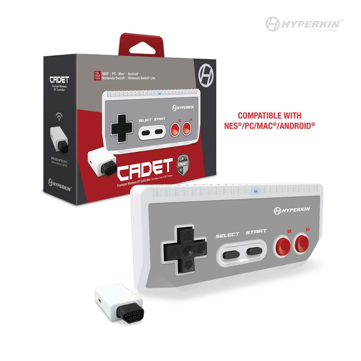 A Cadet BT game controller with a red and white color scheme, compatible with NES, PC, MAC, and ANDROID, displayed alongside its packaging.
