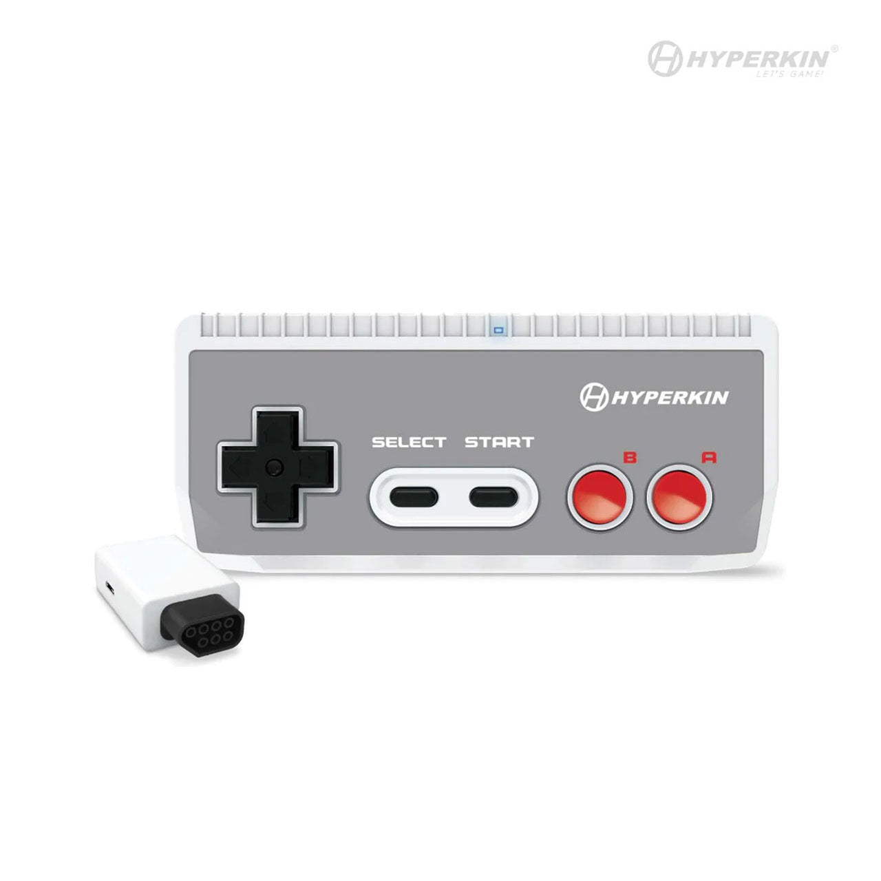 A gray game controller with a classic design, featuring a select/start button, directional pad, and two red buttons. It includes a Bluetooth adapter.