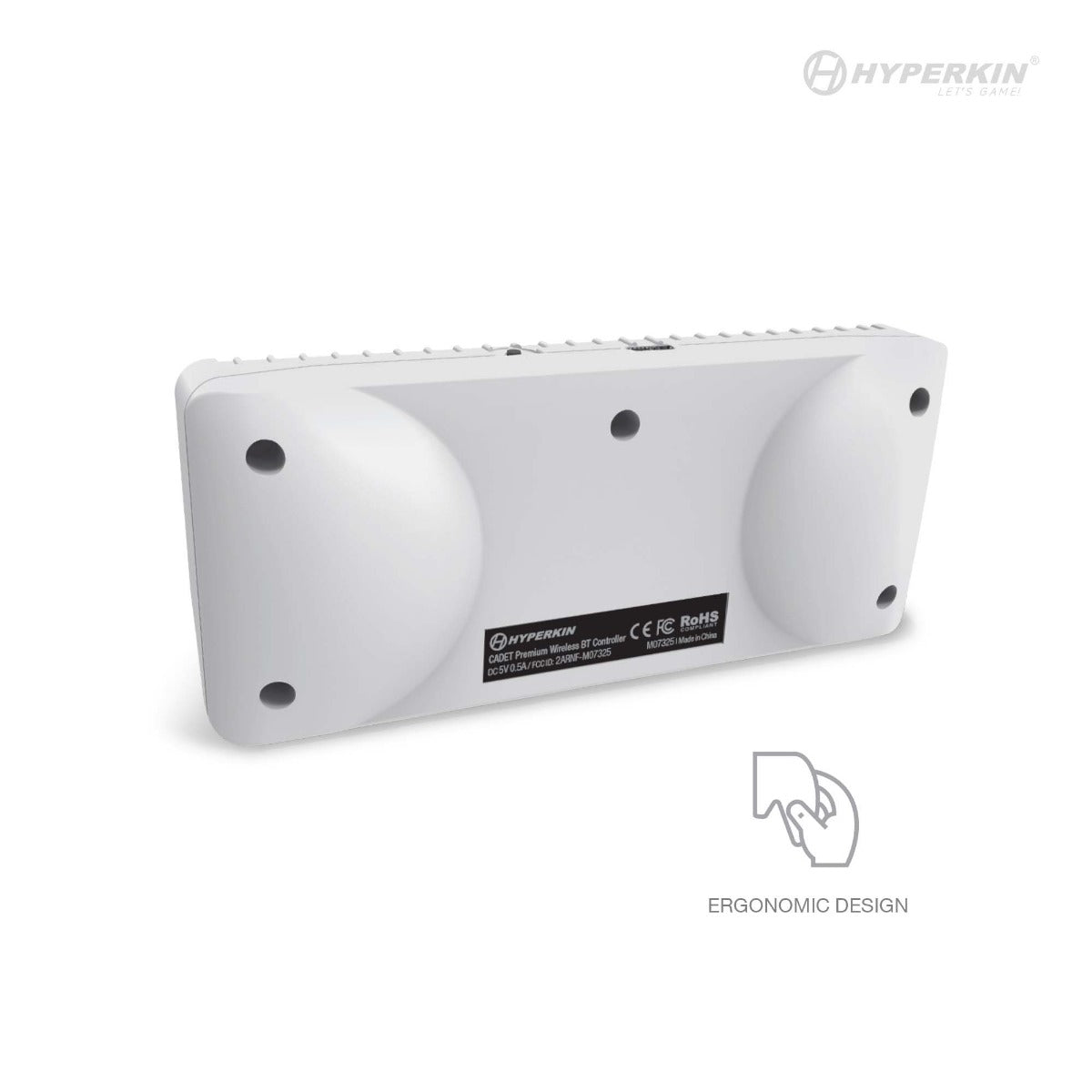 Back view of white Hyperkin controller with ergonomic design, rounded grips, central product label with certifications, and Hyperkin branding with 'Let's Game!' slogan.
